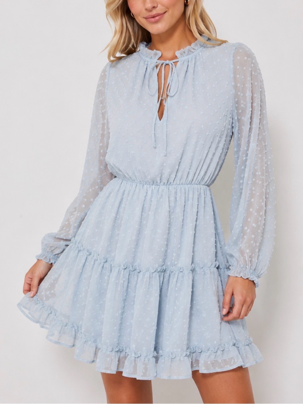 Light Blue Dot Swiss-Stripe/dot Tiered Dress semi sheer sleeves baby blue SZ SM